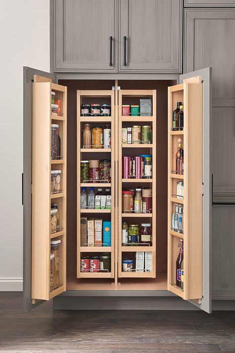 Incorporate the Pantry Unit cabinet in your kitchen design for maximum storage possibilities. With swing out shelves and shelves on the inside of the doors, the storage options are endless. Swinging Doors Kitchen, Pantry Cupboard Designs, Pantry Unit, Diy Pantry Shelves, Cabinet Door Storage, Pantry Remodel, Pantry Cupboard, Kitchen Cupboard Designs, Diy Pantry