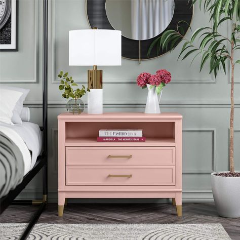 CosmoLiving by Cosmopolitan Westerleigh Wide Nightstand - Bed Bath & Beyond - 39217446 Girl Nightstand, Wide Nightstand, Pink Bedside Tables, Pink Nightstands, Hgtv Dream Home, Cosmoliving By Cosmopolitan, White Nightstand, Wood Nightstand, Open Shelf