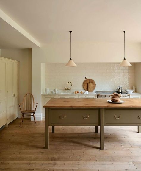 Belgium Countryside Interior Design, English Scandinavian Interior, Plain English Kitchen Island, Removable Kitchen Island, Killiehuntly Farmhouse, Single Wall Kitchen Layout, French Farmhouse Home, Small Cottage Kitchens, New England Kitchen