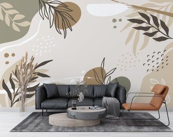 Bedroom Murals Painted, Bohemian Mural, Boho Wall Murals Painted, Boho Wall Mural, Boho Mural, Stick Flowers, Abstract Boho Art, Wallpaper Leaves, Mural Bedroom