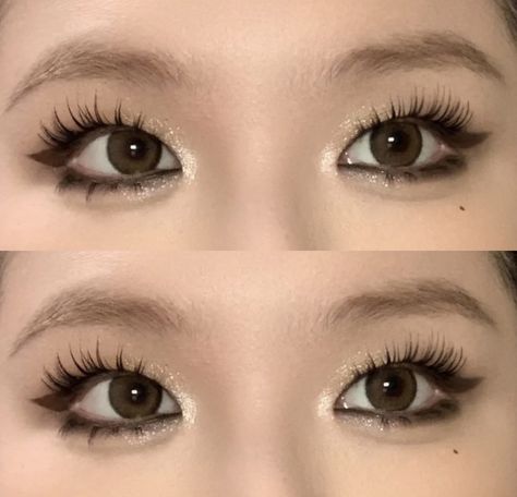 Smokey Monolid Makeup, Eyeliner On Monolid Eyes, Douyin Makeup Single Eyelid, Prom Makeup Monolid, Doyen Makeup, Douyin Makeup Monolid, Gold Douyin Makeup, Monolid Makeup Looks, Round Eye Makeup Looks