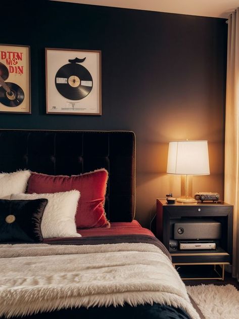 Rockstar Bedroom, Rockstar Girlfriend Aesthetic, Velvet Tufted Headboard, Girlfriend Aesthetic, Rockstar Girlfriend, Rockstar Aesthetic, Vintage Record Player, Faux Fur Rug, Fur Rug