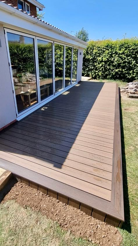 Wrap Around Composite Deck, Ground Level Composite Deck, Trex Deck Layout Ideas, Extend Deck Ideas, Deck Board Layout, Trex Deck Toasted Sand, Trex Deck Patterns, Picture Frame Decking Border, Floating Trex Deck Ideas