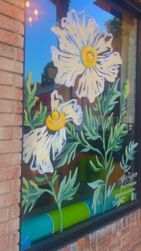 Plant Window Art, Window Painting Ideas Business, Window Flower Painting, Flower Window Art, Window Painting Summer, Spring Painted Windows, Window Art Spring, Summer Window Painting Ideas, Window Painting Spring