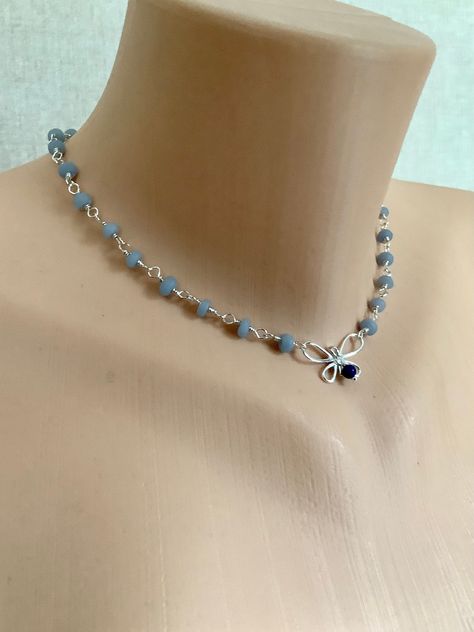 Sundance Style Blue Angelite Necklace with Sterling Silver Butterfly, 16 inches with Extender Angelite Necklace, Sundance Style, Real Turquoise, Silver Butterfly, Butterfly Necklace, Multi Strand Necklace, Short Necklace, Quartz Necklace, Stylish Jewelry