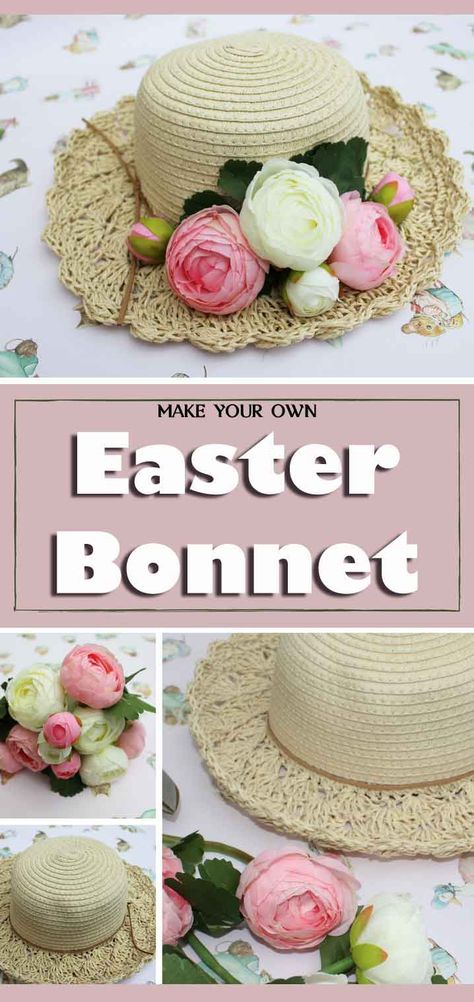 How to make a lovely Easter Bonnet, using a plain straw hat and silk flowers Use artificial flowers to decorate a simple summer hat to make it into a gorgeous floral Easter Bonnet. I used pink and ivory cream peonies, but roses would be fabulous too. Perhaps add a satin or organza ribbon. It would work well in purples or soft yellows. Straw Hat Decoration How To Decorate, Hats With Flowers Women, Straw Hat With Flowers, Hat Decorating Ideas Diy Tea Parties, Straw Hat Decor, Sun Hat With Flowers, Decorate Straw Hat, Spring Hat Ideas, Decorated Hats Ideas