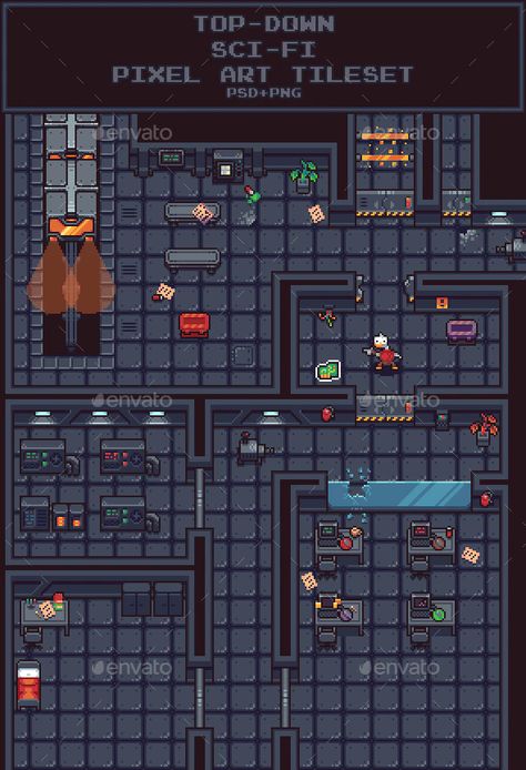 Top-Down Sci-Fi Pixel Art Tileset by SadBeaver | GraphicRiver Top Down Pixel Art, Pixel Art Tileset, Top Down Game, Game Level Design, Sci Fi Games, Art Pixel, Pixel Art Background, Space Games, Pixel Art Characters