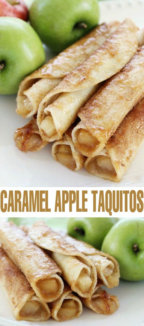 These Caramel Apple Taquitos are a fun fall dessert full of apple and caramel! Halloween Fall Desserts, Personal Sized Desserts, Fall Dessert Drinks, Fall Bite Size Desserts, Cute Fall Desserts, Fun Desserts To Make, Apple Taquitos, Fall Dessert Ideas, Apple And Caramel