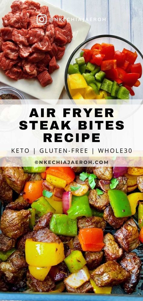 Air Fryer Steak Bites and Peppers (Pepper Steak ) - Nkechi Ajaeroh Air Fryer Steak Meal Prep, Steak Bites And Peppers, Air Fryer Steak And Peppers, Air Fryer Steak Bites And Peppers, Pepper Steak Meal Prep, Keto Steak Bites Air Fryer, Air Fryer Meat And Vegetables, Keto Dinner Recipes Easy Air Fryer, Air Fried Meal Prep