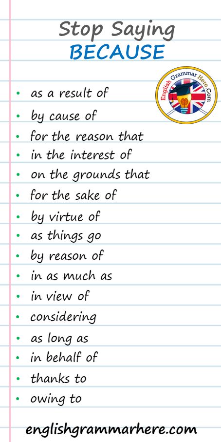 Stop Saying Because, Different Ways to Say Because as a result of as long as as things go by cause of by reason of by virtue of considering due to for the reason that for the sake of in as much as in behalf of in that in the interest of in view of now that on the grounds that owing to since thanks to through Business Writing Skills, Tatabahasa Inggeris, Essay Tips, It Is Written, Essay Writing Skills, Kraf Diy, Interesting English Words, Good Vocabulary Words, Good Vocabulary