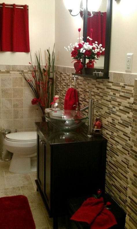 Valentines Day Bathroom Decor, Red And Gray Bathroom, Cherry Bathroom, Red Bathroom Ideas, Bathroom Accessories Ideas, Gray Bathroom Ideas, Silver Bathroom Decor, Red Bathroom Accessories, Red Bedroom Decor