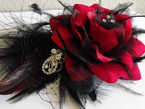 Goth meets sexy Red Veil, Vintage Headpiece, Beautiful Bridal Hair, Feather Headpiece, Prom Flowers, Feather Flower, Red Feather, Bridal Hair Flowers, Ivory Flowers