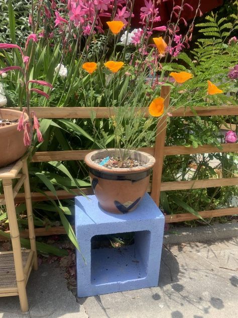 Make outdoor plant stands out of concrete blocks | The Horticult Diy Plant Stand Outdoor, Backyard Fruit Trees, Outdoor Plant Stands, Mexican Garden, How To Garden, Concrete Retaining Walls, Plant Stands Outdoor, Leftover Paint, Diy Plant Stand