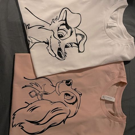 Lady And Tramp Coordinating Shirts, Brand New And Ready For Their Next Disney Adventure! Both Are Xl - Shirt Material Is Bella Cute Disney T Shirts, Lady Shirt Design, Disney Cricut Designs, Disney T Shirt Designs, Cute Disney Clothes, Disneyland Couple Shirts, Disney World Couples Outfits, Family Disney Trip Outfits, Disney 2024 Shirts