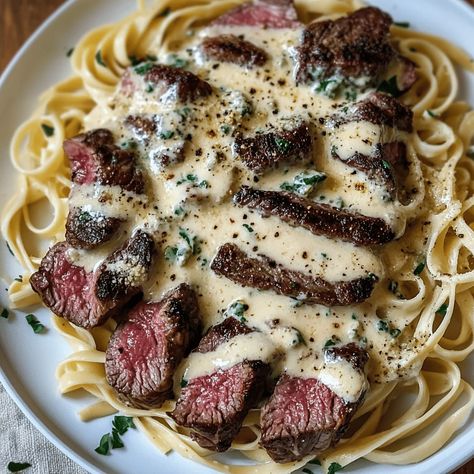 Savory Steak Gorgonzola Alfredo with Creamy Parmesan Sauce Steak Garganzola Alfredo, Take Out Dinner Ideas, Steak And Ravioli Dinners, Recipes That Use Steak, Meal With Steak, Steak Italian Recipes, Steak And Gorgonzola Pasta, Steak With Gorgonzola Sauce, Creamy Steak And Gnocchi