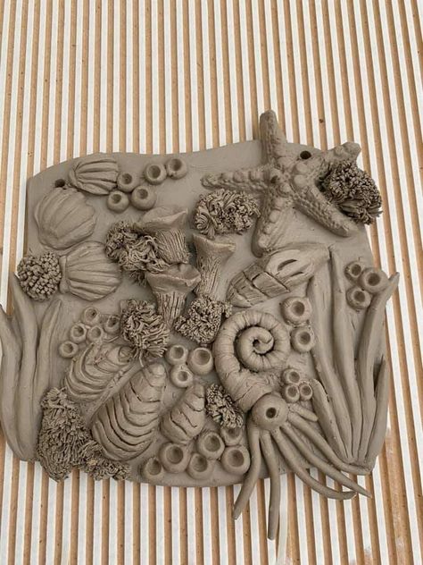 Sea Life Sculpture, High School Clay Projects, Relief Sculpture Clay, Handmade Ceramics Ideas Pottery, Clay Texture Ideas, Clay Slab Ideas, Ceramic Landscape, Relief Ceramic, Working With Clay