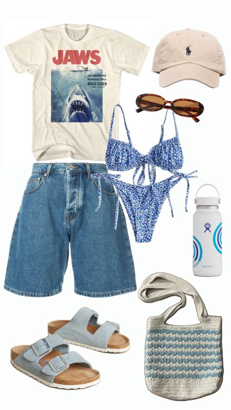 Off white shirt with a poster of the movie Jaws printed on, jean shorts, cream polo hat with blue polo logo, brown round sunglasses, blue bikini with white flower print, white hydro flask with blue line design on, light blue birkenstock sandals, white crochet bag with blue lines Comfy Beach Outfit Casual, Hoț Girl Summer Outfit, Beach Outfit Teen, Beach Bum Aesthetic Outfit, Sea Outfit Summer, Beachy Style Outfits, Beach Town Outfit, Beachy Aesthetic Outfits, Beach Outfit Inspo Summer