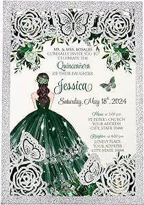 DORIS HOME 50Pcs Butterfly Quinceanera Invitation Emerald Green for 15 year, Sweet 16, Miss XV, Birthday Laser Cut Quince Invitation Cards Personalized Glitter Silver Invitations Quinceanera, Quince Invitations, Butterfly Invitations, Quince Decorations, Quinceanera Invitation, Quinceanera Themes, Party Invitations Printable, Quinceanera Invitations, Green Butterfly