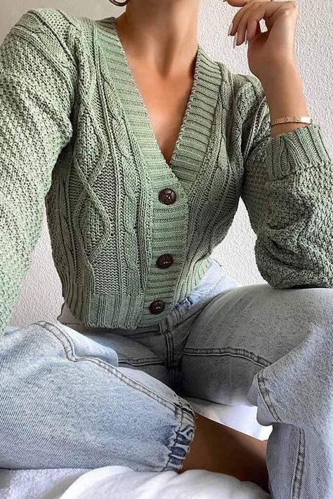 Cute Cardigan Outfits, Cottagecore Outfits, Long Sleeve Knitted Cardigan, Cute Cardigans, Button Up Cardigan, Early Spring Outfits, Cardigan Outfits, Outfits 2022, Cable Knit Cardigan