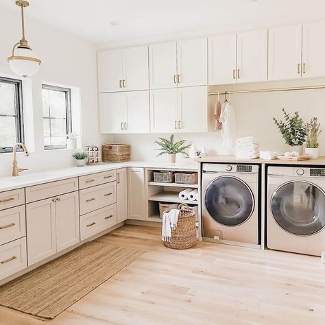 Laundry Room | Bright and Airy | Boho Glam | Two Toned Cabinets | Minimalistic | Studio Mcgee | World Market | Target Style | Traditional and Timeless Elevated Laundry Room, Mcgee Laundry Room, Airy Laundry Room, Shelves Above Sink, Chic Kitchen Ideas, Wood Plank Shelves, Farmhouse Laundry Room Ideas, Laundry Room Sink, Large Laundry Rooms