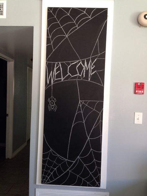 Halloween Housewarming Decor - chalkboard spiderweb Spiderweb Chalkboard Art, Chalk Wall Art, Halloween Chalkboard, Halloween Housewarming, Fall Decor Diy Crafts, Chalk Wall, Chalkboard Drawings, Chalkboard Wall, Halloween Spider Web