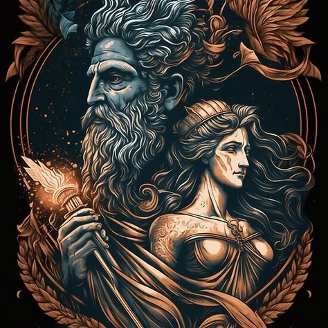 Zeus And Hera Tattoo, Hera Tattoo Design Greek Mythology, Hera Tattoo Design, Hera Tattoo, Hera And Zeus, Dialogue Ideas, Roman Myth, Cthulhu Art, Zeus Tattoo