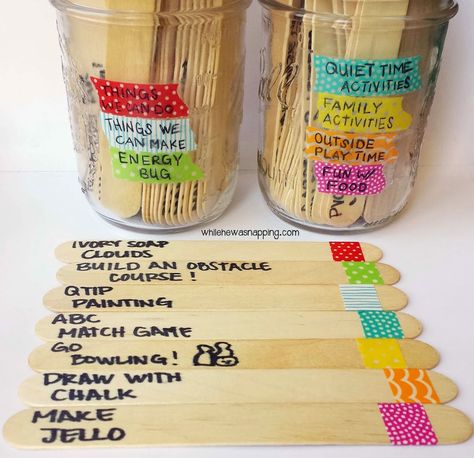 Washi Tape Summer Boredom Buster Jars | While He Was Napping Activity Jar, Summer Boredom Busters, Summer Boredom, Bored Jar, Ge Bort, Things To Do When Bored, Boredom Busters, In A Jar, Summer Crafts