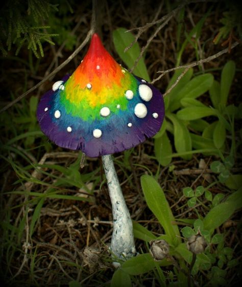 Polymer fairy mushroom Mushroom Polymer Clay, Rainbow Mushroom, Fantasy Mushroom, Magic Rainbow, Fairy Tree Houses, Wine Cork Diy, Mushroom Paint, Mushroom Pictures, Clay Jar