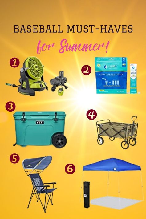 Travel baseball mom tips on the baseball mom and baseball parent gear you need to beat-the-heat during Summer Travel Baseball Season including my favorite baseball mom chair, yeti cooler, and an outdoor fan for the dugout. #travelbaseballmomtips #baseballmomhacks #whattobringtoabaseballgame #teeball #baseballtournamenttips Best Baseball Team Snacks, Baseball Must Haves Mom, Baseball Needs, Baseball Mom Must Haves Products, Travel Baseball Must Haves, Baseball Mom Necessities, Football Mom Hacks, Travel Sports Tips, Baseball Mom Gear