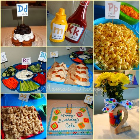 Alphabet Food for Alphabet party, from Mama's Therapy Alphabet Party Theme, Alphabet Party Ideas, Abc 123 Birthday Party Ideas, Abc Birthday Party Ideas, Alphabet Themed Birthday Party, Alphabet Birthday Parties, Abc Birthday Parties, Alphabet Review, Super Why Birthday