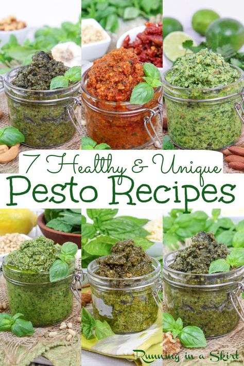 7 Homemade Pesto Recipes that are easy, healthy, and fresh! Includes The Best Pesto Recipe, Walnut Pesto, Cashew Pesto, Spinach Pesto, Roasted Red Pepper Pesto, Cilantro Pesto, Almond Pesto and more. Plus tips to keep it fresh! Uses everything from classic pesto ingredients like basil and pine nuts or without pine nuts and other nuts like almonds, cashews or pistachios. Includes gluten free, vegan, and dairy free options. #pesto #homemade #pesto #homemadepesto #italianrecipes #easyrecipes Fresh Pesto Recipe, Best Pesto Recipe, Roasted Red Pepper Pesto, Best Pesto, Red Pepper Pesto, Cashew Pesto, Homemade Pesto Recipe, Fresh Herb Recipes, Pesto Recipes