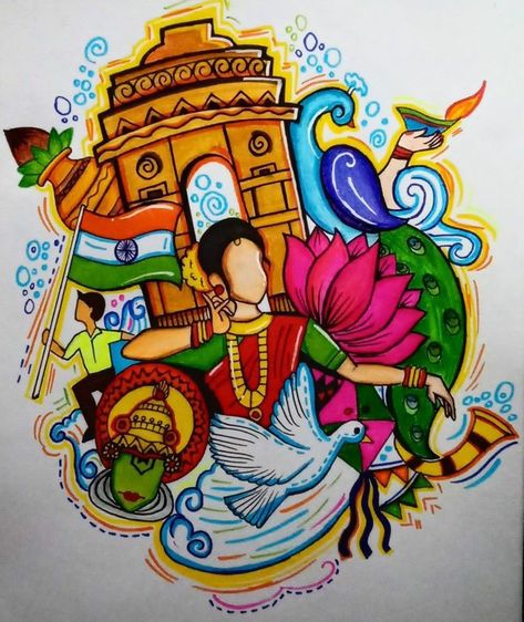 Colours Of India Drawing, My India Drawing Competition, Drawing On Indian Festivals, Drawing Competition Poster Ideas On Independence Day, Independence Day Poster Making Ideas, Drawing On Chart Paper, Diversity In India Poster, Drawing Ideas For School Competition, Indian Festival Drawing Easy