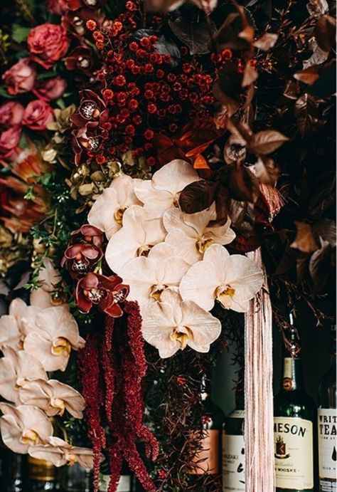 Moody Orchid Bouquet, Burgundy Orchid Wedding Bouquet, Moody Floral Arrangements Wedding, Speakeasy Flowers, Glamorous Fall Wedding, Vintage Wedding Palette, Dark And Moody Wedding Flowers, Moody Flower Arrangements, Moody Burgundy Wedding