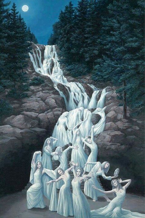 A waterfall that turns into white women. Interesting! Robert Gonsalves, Rob Gonsalves, Optical Illusion Paintings, Illusion Paintings, Desen Realist, Magic Realism, Optical Illusions Art, Kunst Inspiration, Realism Painting