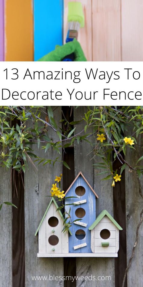 How To Decorate A Fence Backyard Ideas, Bird House On Fence, Fence Ornaments Ideas, Bird House Fence Ideas, Fence Post Decor, Backyard Fence Ideas Decor, Decorate Fence Ideas, Painted Backyard Fence Ideas, Decorate A Fence Ideas