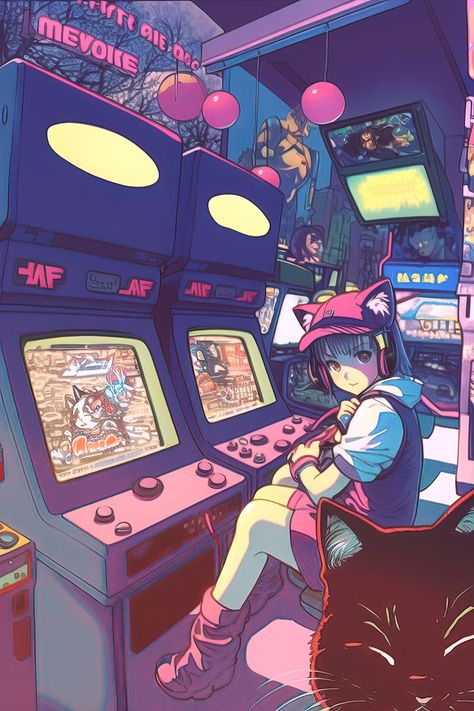 Gaming Art Aesthetic, Anime Arcade Background, Arcade Drawing Reference, Arcade Drawing, Arcade Anime, Arcade Illustration, Technology Concept Art, Arcade Background, Anime Arcade