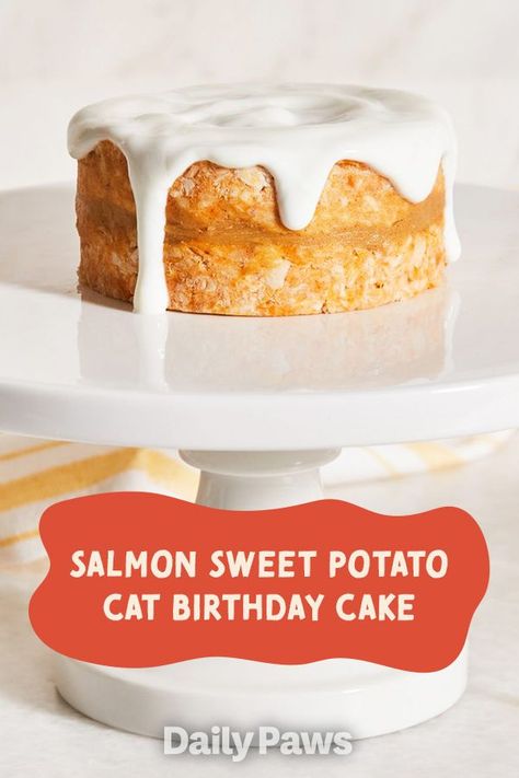 Cat Safe Birthday Cake, Cat Birthday Cake For Cats, Cake Recipe For Cats, Birthday Cake Peanut Butter, Homemade Cat Treats Recipes, Diy Cat Treats, Cat Birthday Cake, Potato Cat, Salmon Sweet Potato