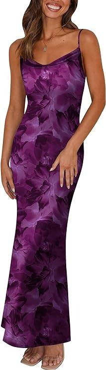 Amazon.com: PRETTYGARDEN Women 2024 Summer Dress Spaghetti Straps Cowl Neck Slip Long Dress Stretch Sleeveless Floral Cocktail Dresses (Purple, X-Large) : Clothing, Shoes & Jewelry Strap Maxi Dress, Spaghetti Strap Maxi Dress, Dress Backless, Dress Stretch, Summer Floral, Long Dresses, Spaghetti Strap, Spaghetti, Bodycon Dress