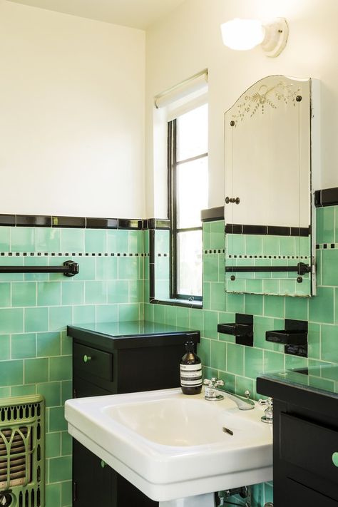 The seafoam bathroom tile is original from the 1930s. Green Tile Bathroom Vintage, 1930s Bathroom Remodel, Seafoam Bathroom, Retro Bathroom Tile, Vintage Green Bathroom, Vintage Tile Bathroom, 1930s Bathroom, Mint Green Bathrooms, 1930s Home Decor