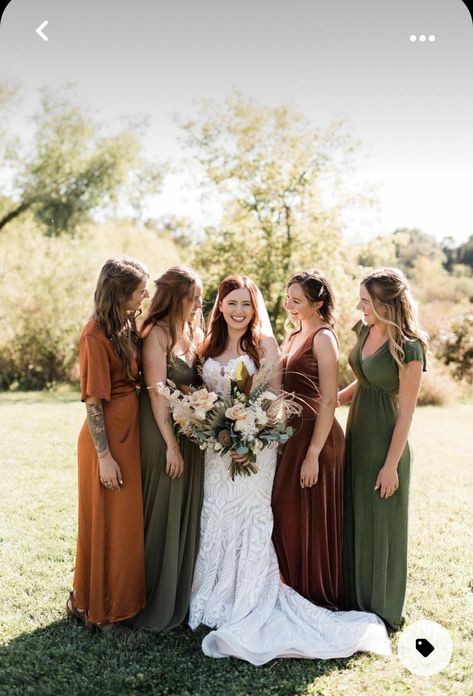 Fall Wedding Color Palette Bridesmaid Dress, Fall Boho Wedding Bridesmaid Dresses, Green Boho Bridesmaid Dress, Earthy Color Bridesmaid Dresses, Rust And Olive Bridesmaid Dresses, Fall Palette Bridesmaid Dresses, Multi Bridesmaid Dresses, Different Color Bridesmaid Dresses Boho, Earth Tone Wedding Bridesmaid