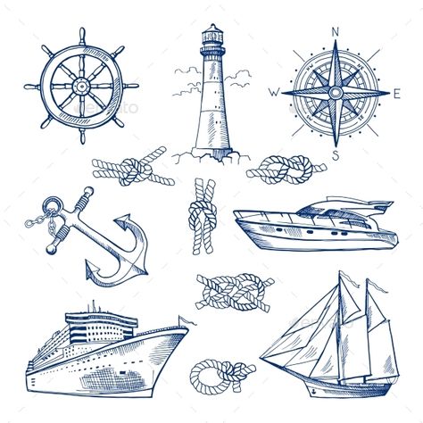 Marine Doodles Set with Ships, Boats and Nautical Items Marine Doodles, Ship Sketch, Nautical Elements, Sea Background, Boat Drawing, Nautical Tattoo, Ship Drawing, Shirts Ideas, Vintage Nautical