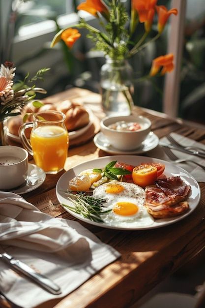 Premium Photo | Breakfast plate on wooden table Breakfast Still Life Photography, Breakfast Photography Morning, English Breakfast Photography, American Breakfast Aesthetic, Breakfast Table Aesthetic, Hotel Breakfast Aesthetic, Breakfast Aesthetic Mornings, Breakfast Photoshoot, Morning Breakfast Aesthetic