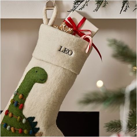 Christmas Decorations | West Elm Felt Dinosaur, Modern Christmas Stocking, Kids Holiday Decor, Christmas Fair Ideas, Cross Stitch Christmas Stockings, Diy Stockings, Felt Christmas Stockings, Stocking Designs, Christmas Stockings Diy