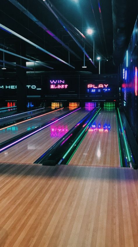 #bowling #friends Cool Bowling Alley, Neon Bowling Alley, Neon Bowling Party, Bowling Alley Aesthetic, Indoor Bowling Alley, Bowling Alley Party, Bowling Friends, Neon Bowling, Bowling Ideas