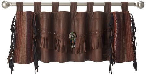 Western Valance, Cabin Window Treatments, Western Bed, Black Window Treatments, Southwest Bedroom, Western Curtains, Beaded Medallion, Porch Curtains, Western Bedroom