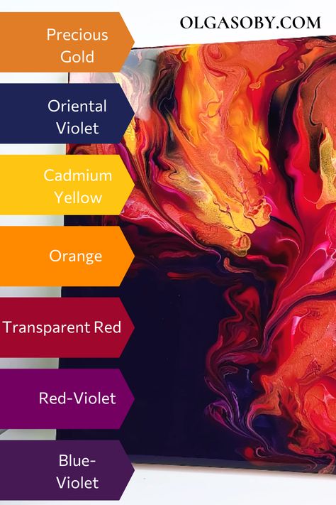 Unique Colour Palette, Gold Red Color Palette, Fluid Art Color Combinations, Paint Pouring Color Combinations, Colour Wheel Theory, Olga Soby, Paint Color Combos, Vibrant Color Palette, Red Color Palette