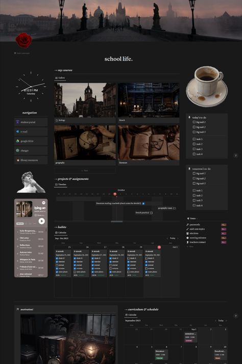 dark academia themed notion template for school! free download available #university #darkacademia #digitalplanner #schoolorganiser #notion #notiontemplate #darkacademianotion Dark Academia University, Dark Academia School, School Planner Template, University Planner, To Do App, Study Apps, School Template, Notion Templates, Theme Template