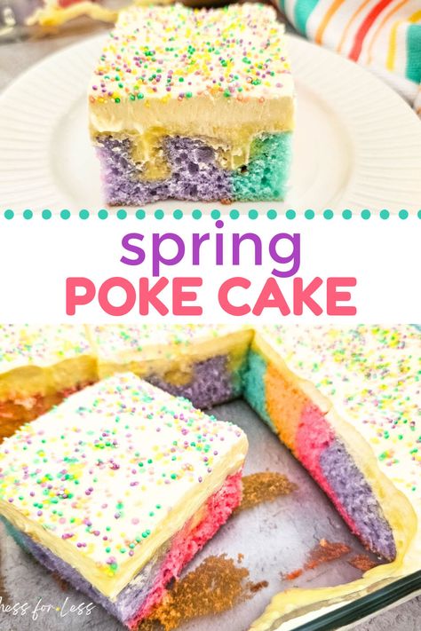 Spring Poke Cake Recipe - Mess for Less This colorful Spring Poke Cake Recipe is a great way to celebrate the season. This easy boxed cake recipe is simple, yet moist and delicious! Rainbow Poke Cake, Spring Cake Recipes, Recipes With Cool Whip, Season Recipes, Poke Cake Recipe, Spring Recipes Dessert, Cake Mix Ingredients, Carrot Cake Cookies, Strawberry Cake Mix