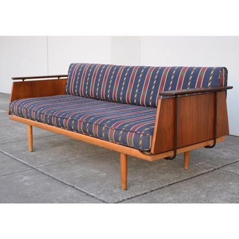 Incredibly rare and stunning mid century modern daybed or sofa designed by Torben Strandgaard of Denmark. Made of a combination of different wood types with metal support. The arms are rosewood, the sides are teak and the rest is oak. Upholstered in a predominately blue southwestern style pattern fabric. Webbing for the seat is concealed between two layers of cambric. Stamp on the bottom of the sofa shows designer info and country of origin. This design has amazing minimalist Scandinavian lines.  *If you are a local buyer/designer interested in arranging a viewing of this item in person you can contact me at formicatuan@yahoo.com Scandinavian Futon, Mid Century Modern Sunroom, Teak Furniture Living Room, Midcentury Couch, Mid Century Daybed, Folk Furniture, Day Bed Sofa, Wooden Frame Sofa, Mid Century Modern Daybed