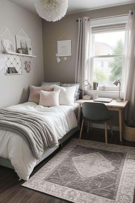 "Home Decor Inspo: Transforming Your Bedroom" Really Small Room Ideas Cozy, Room Design Bedroom Aesthetic, 20 Year Old Girl Bedroom Ideas, Light Gray Room Bedroom Ideas, Small Teen Girl Bedroom, Small Bedroom Aesthetic Cozy, Small Uni Room Ideas Uk, Bed Rooms Ideas Aesthetic, Small Single Bedroom Ideas